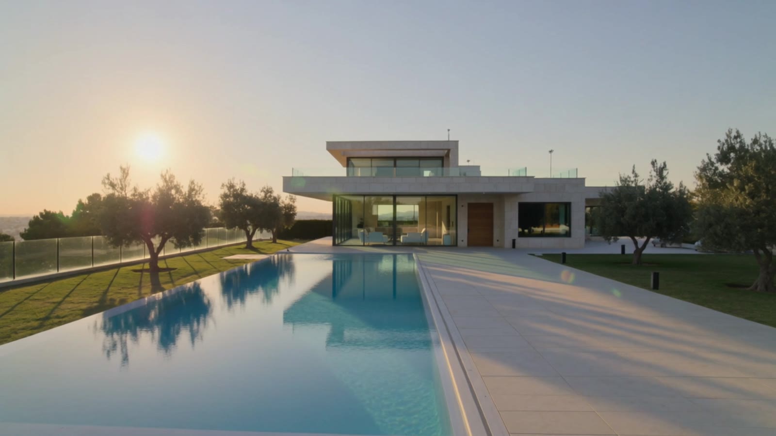 Gün doğumunda, zeytin ağaçları arasında modern bir villa